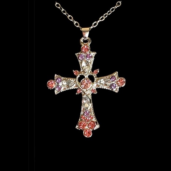 Multi Colored Crystal Silver Tone Cross Necklace - Picture 1 of 1